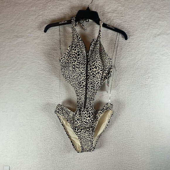 Michael Kors Women's Animal Print Zip Front Cut Out One Piece Swimsuit Sz 10 NWT - Picture 1 of 6